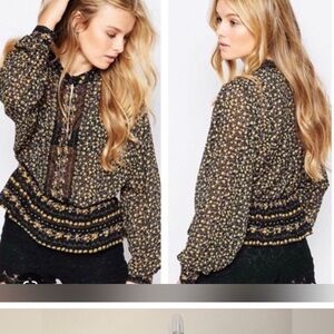 Free People Black and Yellow Floral Top